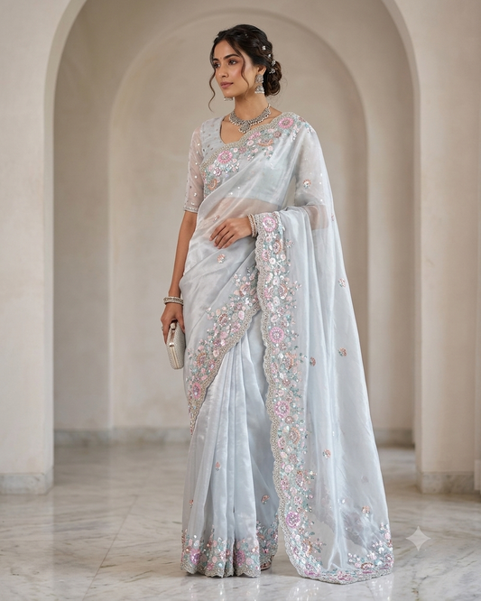 SALE! Sky Blue - Pastel Sequins Silky Saree with Blouse Piece - MF3801 JJ 0824
