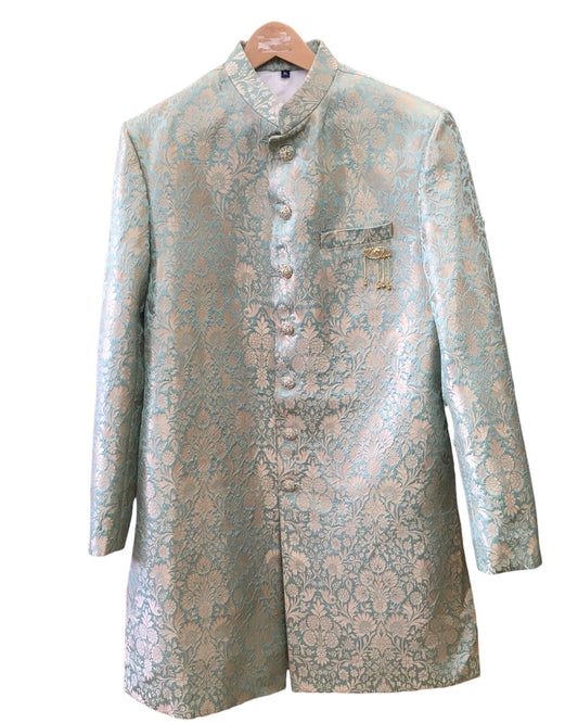 Sea Green - Classic Banarasi Brocade Sherwani with Gold Buttons - HHF2408 TC 0624