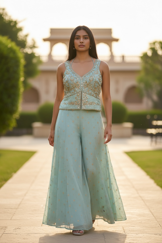 UK 12 / 38" - Sea Green - Designer Ladies Indian Short Top Palazzo Trousers Suit - UK Stock - 2/3 days delivery - VMK JINA RY