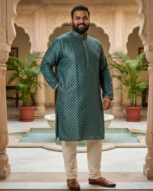 Dark Turquoise Blue - Men’s Embroidered Jacquard Kurta Set with Trousers - UK Stock - Weddings / Walimas , Sangeet, Diwali, Eid, Mehndi / Henna - VEE3130 VY