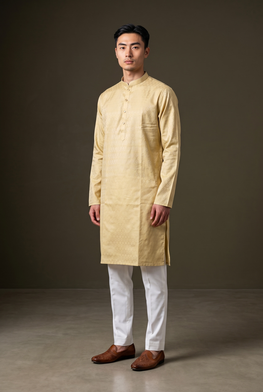 Ivory - Self Woven Brocade Mens Indian Kurta set - UK Stock - Weddings / Walimas , Sangeet, Diwali, Eid, Mehndi / Henna - VEE3115 KC