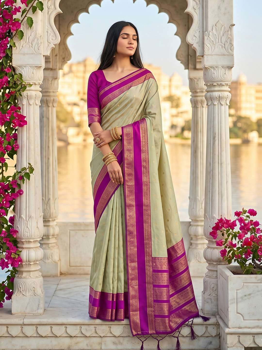 Sage Green - Handloom Saree with Blouse Piece - UK stock - 24hr Dispatch - KM-Kashi 11KY26