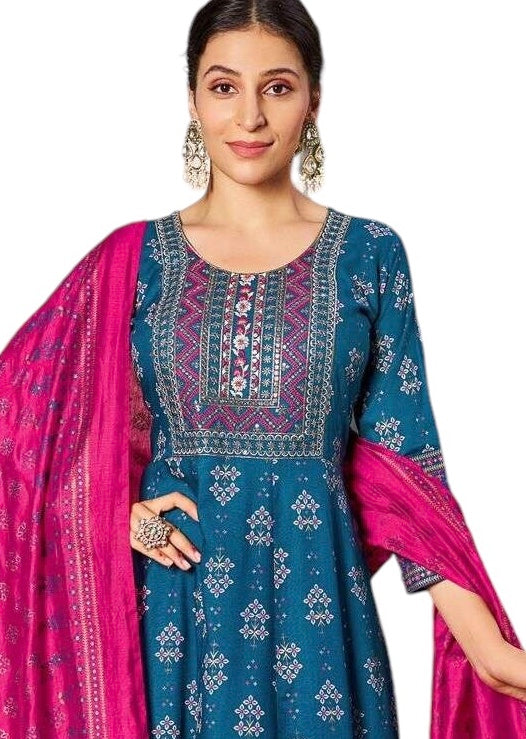 Cobalt Blue - Cotton Block Printed Long Dress with Dupatta - Available in Sizes 14(40") & 20 (46") - BH1006 KK 0924
