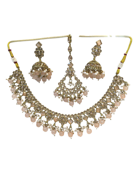 Peach - Antique Gold Finish Necklace & Earrings Set - Bollywood - Weddings - KAJ1035 11KK24
