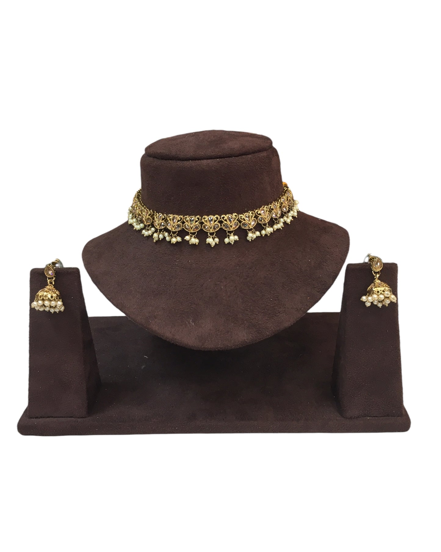 Gold / Neutral - Small Size Antique Gold Finish Necklace Set with Earrings - VJY401 A 0424