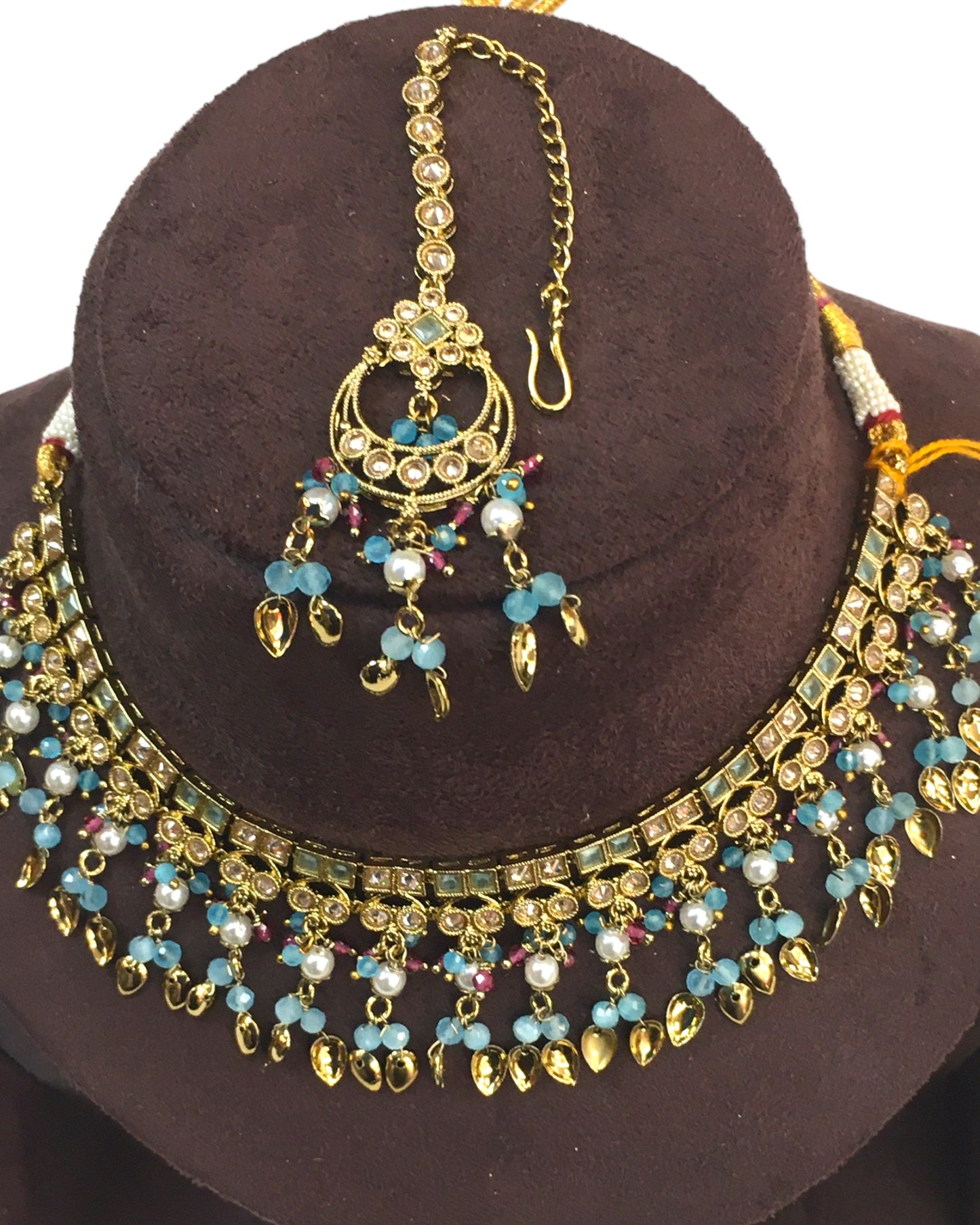 Sky / Light Blue - Medium Size Antique Gold Finish Necklace Set with Earrings - HB1000 KY 0424