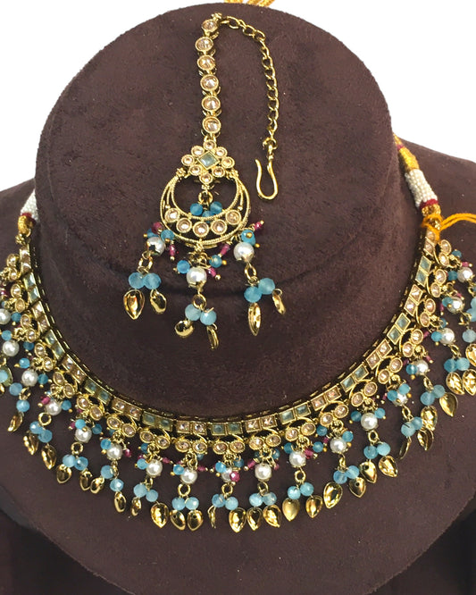 Sky / Light Blue - Medium Size Antique Gold Finish Necklace Set with Earrings - HB1000 KY 0424