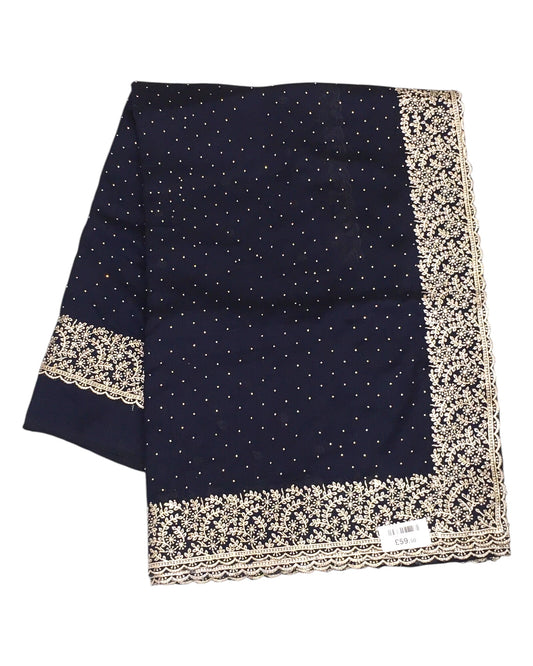 Navy Blue - Chiffon Crepe - Party Wear Embroidered Saree with Blouse Piece - SP2504012 KP