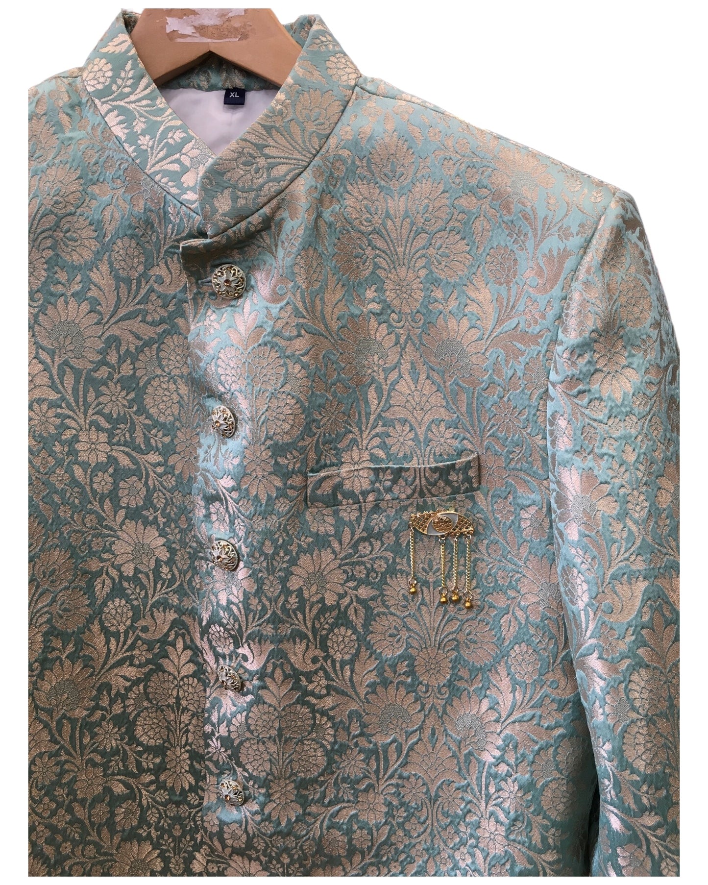 Sea Green - Classic Banarasi Brocade Sherwani with Gold Buttons - HHF2408 TC 0624