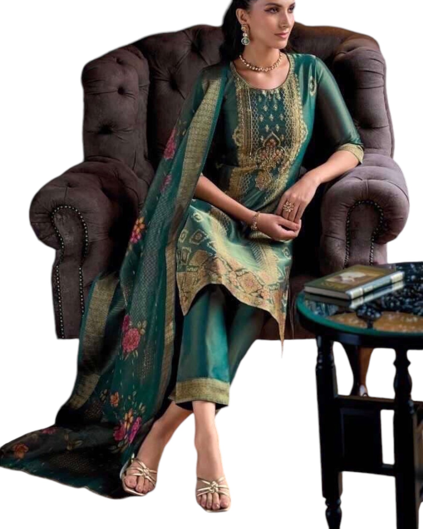 Teal Blue - Banarasi Handloom Ladies Indian Salwar Suit with Printed Dupatta - Available in Size 10 (36") LL-FAR22402 TY 1024