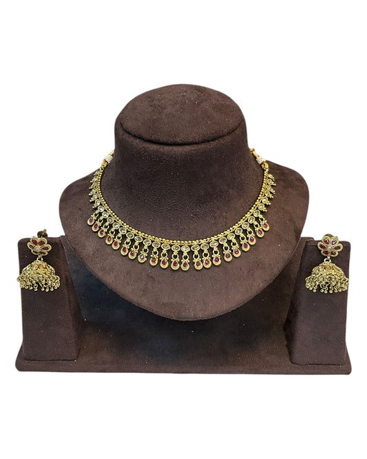 Magenta - Small Size Antique Gold Finish Necklace Set - AE2506 C 0525