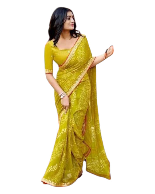 Henna Green - Bandhani Printed - Chiffon Saree with Blouse Piece - KAS-Chuneri 304 10KV25