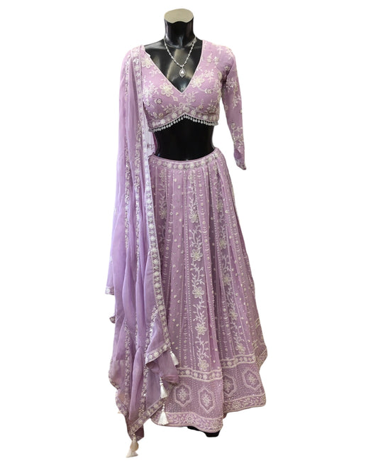 Pastel Lilac - Delicately Embroidered Chiffon Designer Lehenga Set - UK 12-16 - UK Stock - 24h Dispatch - NE2408 HP 0724