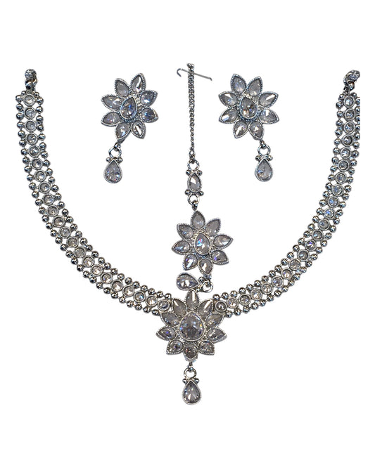 Clear - Medium Size Silver Finish Necklace Set with Earrings & Head Piece /Tika- SLV80 11H24