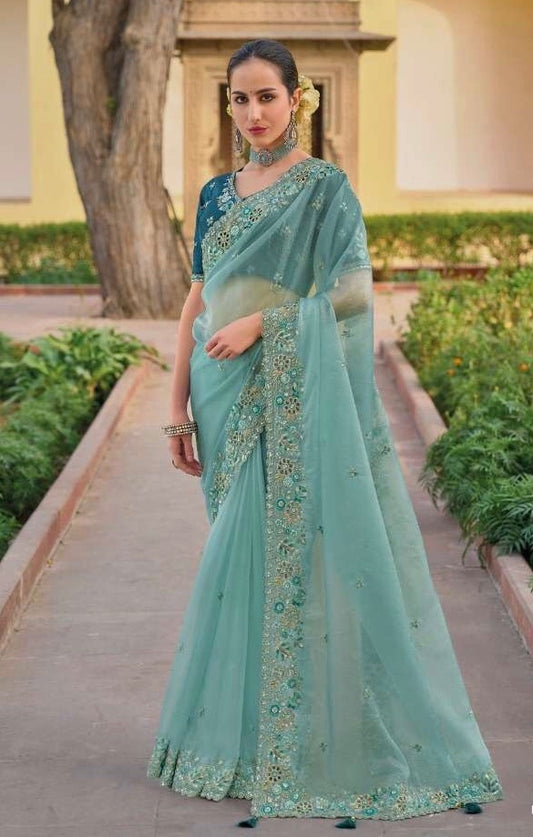 Light Blue - Chiffon Saree with Fancy Ready made Blouse - TAT6906 TH 0624