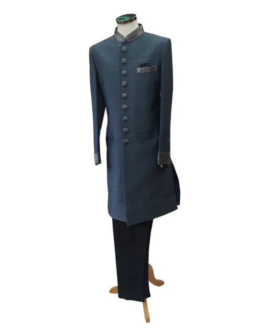 Stunning Steel Grey Self Brocade Sherwani with Trousers - BS862 PR 0823