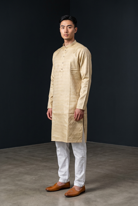 Cream - Self Woven Brocade Mens Indian Kurta set - UK Stock - Weddings / Walimas , Sangeet, Diwali, Eid, Mehndi / Henna - VEE3115 KC