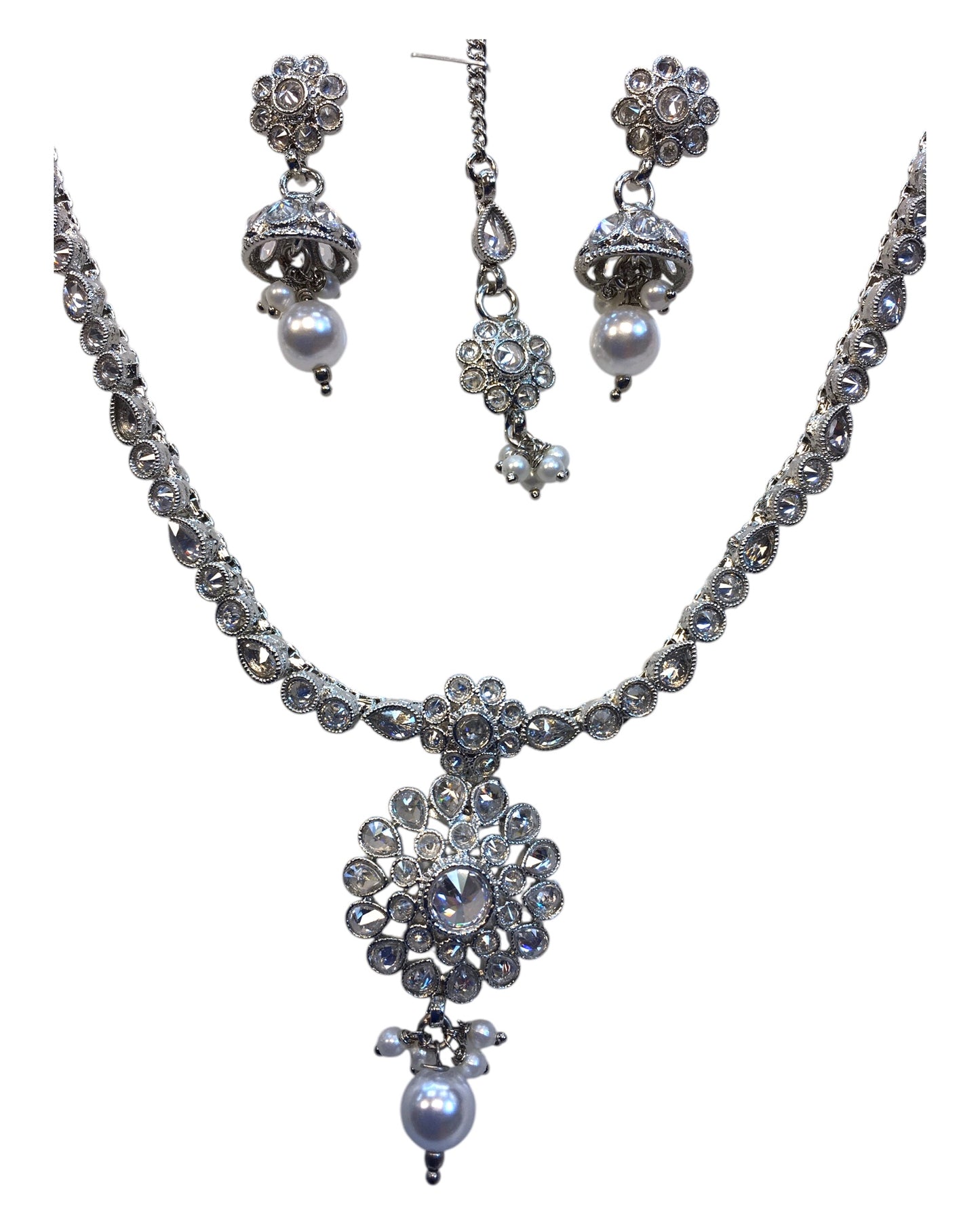 Clear - Small Size Silver Finish Necklace Set with Earrings & Head Piece /Tika- SLV79  11A24