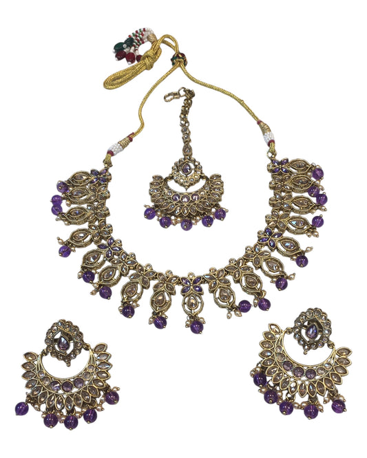 Purple - Large Size Antique Gold Finish Necklace Set with Earrings - AV7783 11KK24