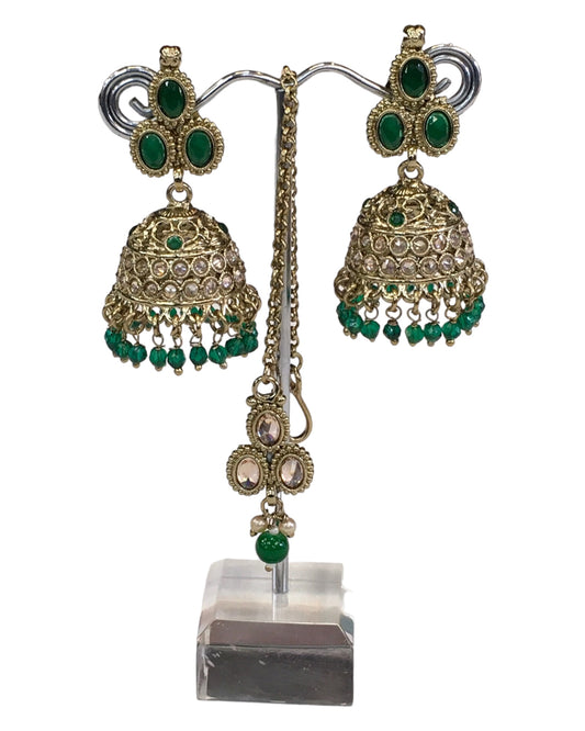 Green - Medium - Antique Gold Finish Necklace Set with Earrings - DAJ540 H 0724