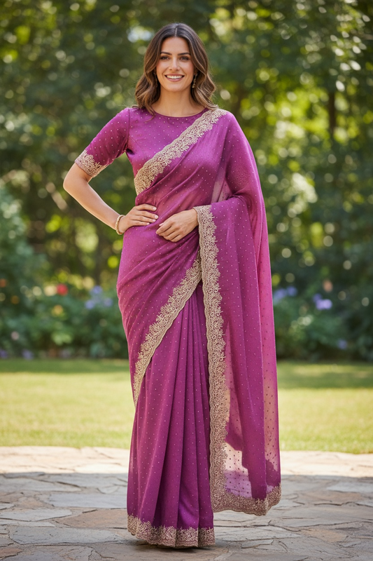 Dusty Pink - Chiffon - Fancy Party Saree with Blouse Piece - 11KP24 SP2423