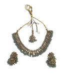 Sea Green - Medium Size Antique Gold Finish Necklace Set with Earrings - PRI1763 11H24