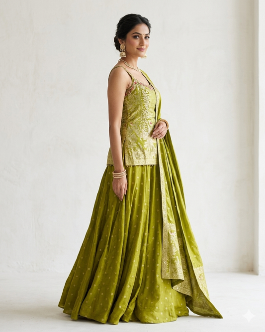 Size 12 (38") - Olive Green - Designer Ladies Medium Spaghetti Top Palazzo Trousers Suit - VMK Dulari JV