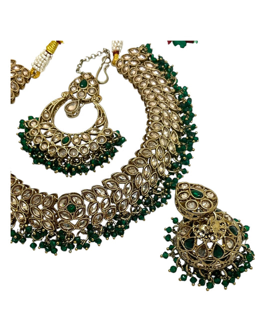 Green - Large Size Antique Gold Finish Necklace Set with Earrings & Tika (Head Piece) - UK Stock - GGA17 08KK25