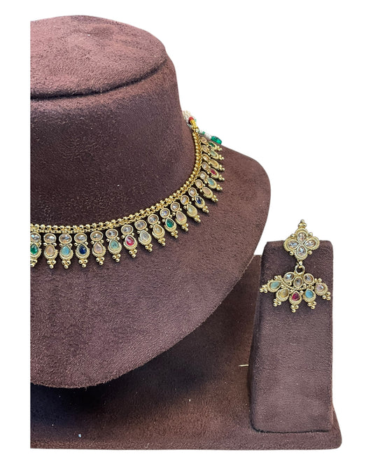 Multi Coloured - Small Size Antique Gold Finish Necklace Set with Earrings - AE2501 A 0525