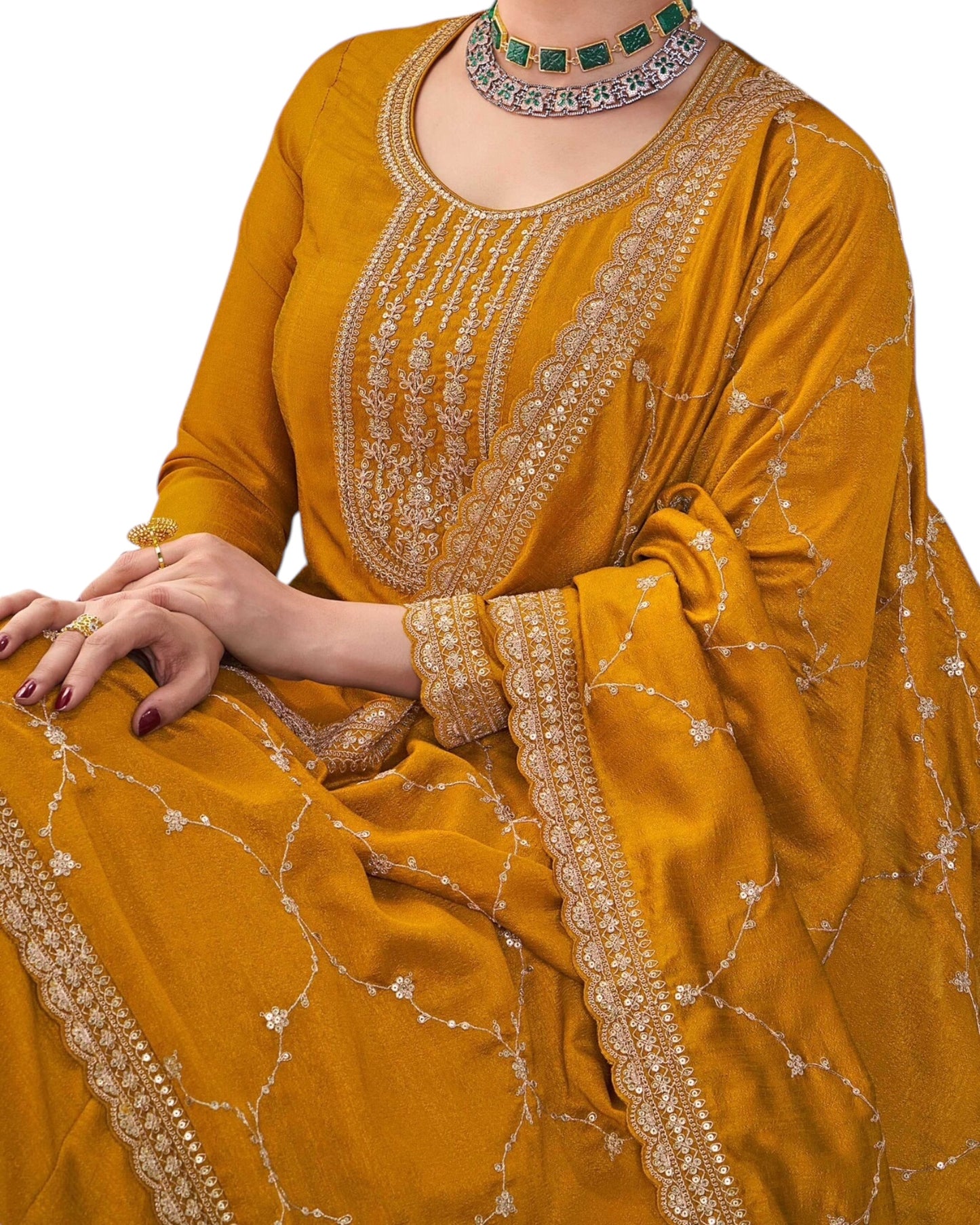 Cotton / Silky Mustard Haldi Yellow Anarakali Long Dress with Trousers - Size 12 (Bust 38") - Extra Margin inside - VF67744 TY 1024