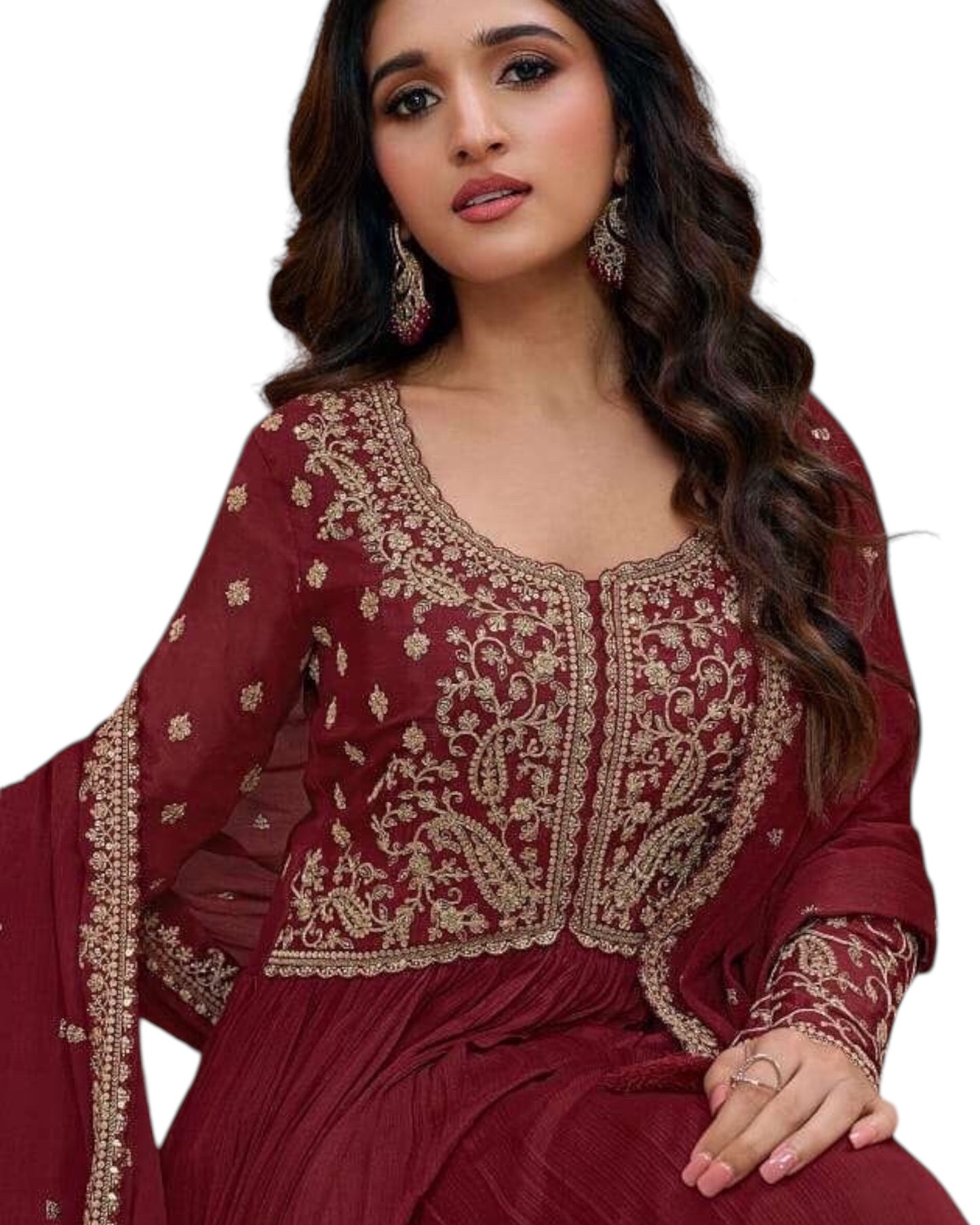 Chiffon - Maroon Anarakali Long Dress with Trousers - Size 10 (Bust 36") - Inside Margin to let out ( 3 to 4")VF66576 TY 1024