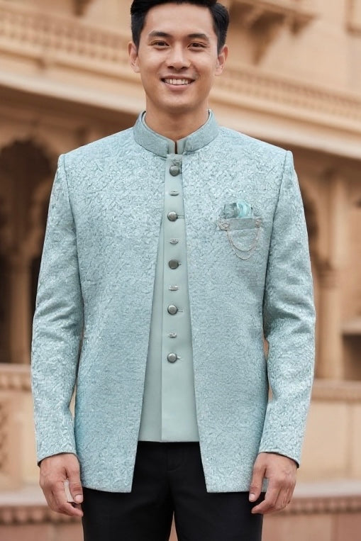 Light Sea Green - PREMIUM Slim Fit Mens BandhGala / Prince / Chinese Collar Open Jacket with inside Waistcoat- Fantastic Fit - CS2506 JA 0625