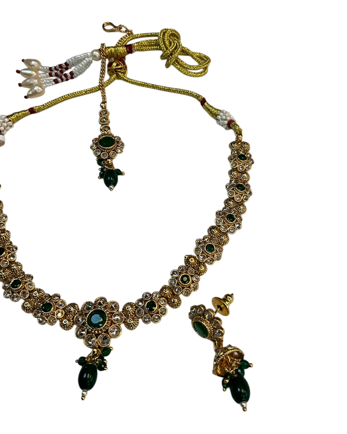 Green - Medium Size Gold Finish Necklace Set with Earrings & Head Piece - SLV90 04Cp26