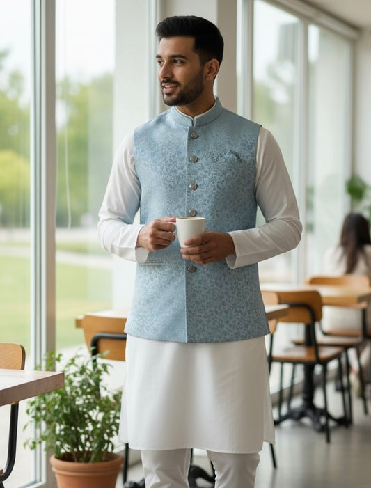 Light Pastel Blue - Banarasi Self Brocade - Premium Mens Waistcoat - VNS-JKT17 10KP25