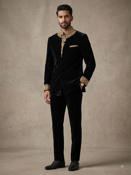 SALE! Black - Designer Suede / Velvet Mens BandhGala / Prince / Chinese Collar Jacket - Fantastic Fit - PC2614