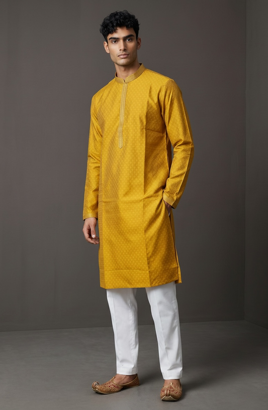 Haldi Yellow - Handloom Woven Mens Indian Kurta set with Trousers - UK Stock - Weddings / Walimas , Sangeet, Diwali, Eid, Mehndi / Henna - EM11093 05KP26
