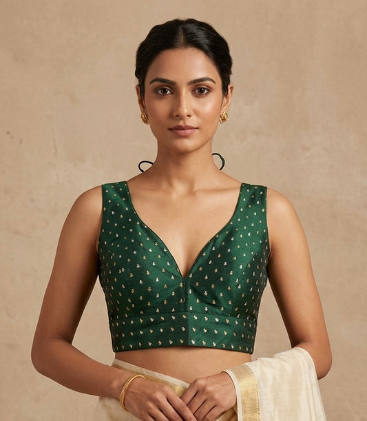 40" / UK 14 - Bottle Green - Silky Designer Saree blouse with cups, Sleeveless - UK Stock - Quick Delivery - RNK - R717 KV