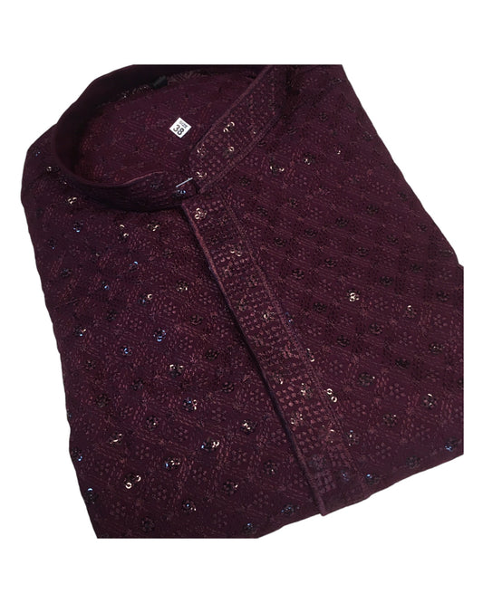 Wine Purple - Rich Sequins Lucknowi Chiffon Mens Indian Kurta Set with Smart Pants - Weddings / Walimas , Sangeet, Eid, Mehndi / Henna - YD2501 KC 0225