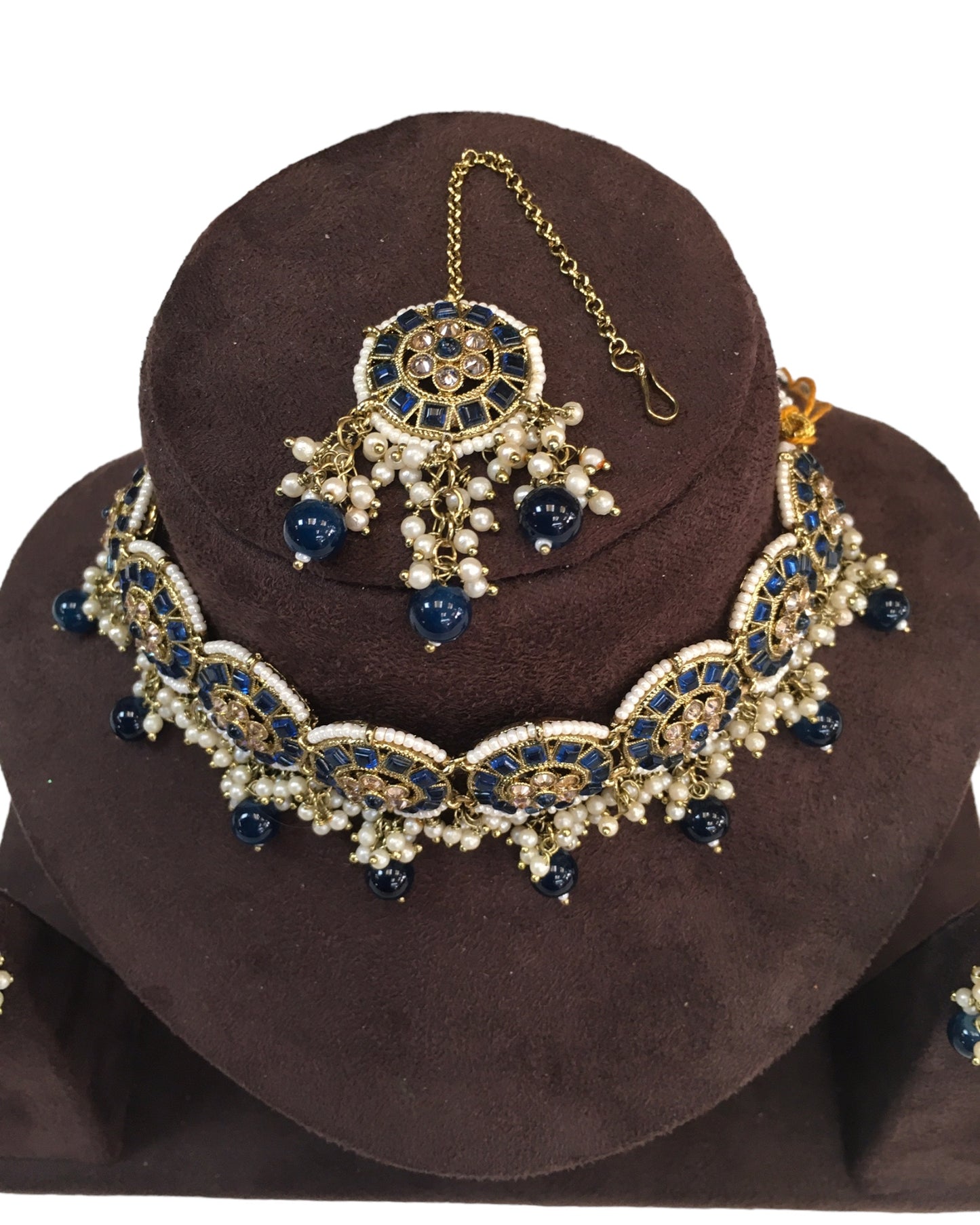Navy Blue - Large Size Antique Gold Finish Necklace Set with Earrings - RAK05 VY 0424