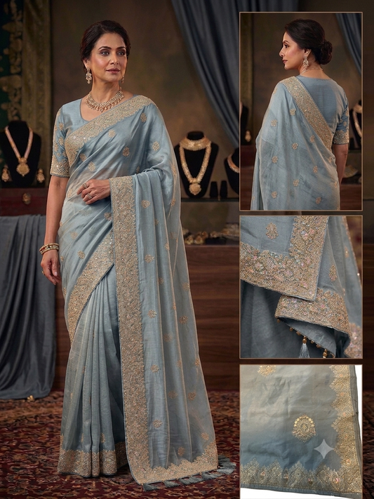 Light Blue - Saree with Thread / Stone Work and Blouse Piece - UK stock - 24hr Dispatch - SP2613 VY