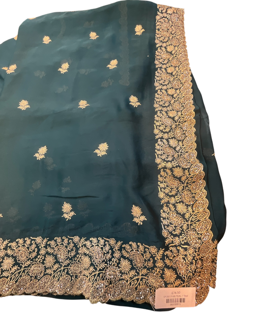 Teal - Saree with Thread / Stone Work and Blouse Piece - UK stock - 24hr Dispatch - SP2617 VK