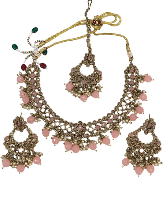 Coral - Medium Size Antique Gold Finish Necklace Set with Earrings - NIR786 KV 0424