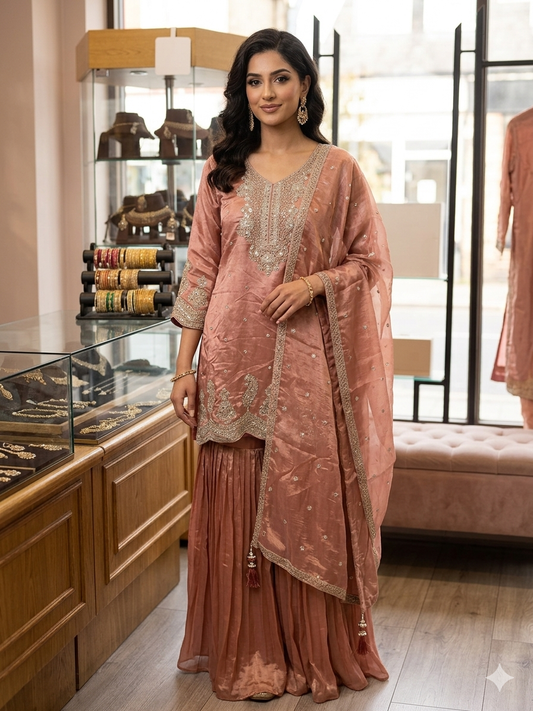 UK 20 / 48" - Rose Gold - Crepe Ladies Sharara / Palazzo Trousers Suit - Sangeet / Henna / Temple - OC83012 JA