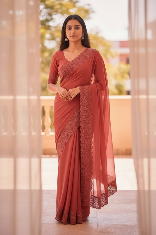 Dark Pink - Classic Saree with Stone Work Border and Blouse Piece - UK stock - 24hr Dispatch - RS2538 VP