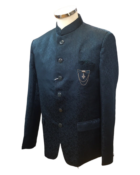 PREMIUM Slim Fit Mens Teal Self Brocade BandhGala / Prince / Chinese Collar Jacket - Fantastic Fit - CS2410 TA 0524