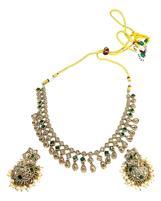 Green - Medium Size Antique Gold Finish Necklace Set with Earrings - SJ06 08H25