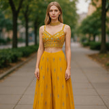 Haldi Yellow - Designer Ladies Short Top Palazzo Trousers Suit - Size 12 (38") - VMK POOJA CP