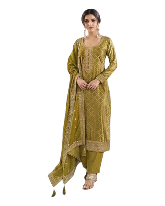 Mehndi Green - Rajastahan Print Velvet Ladies Indian Salwar Suit with Dupatta - KK65673 TA 1023