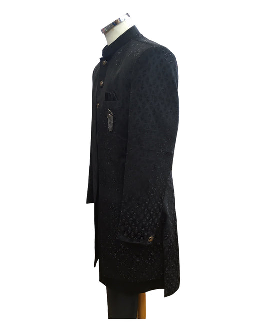 Stunning Double Layered Mens Black Sherwani in Suede - SHU2402 PY 0124