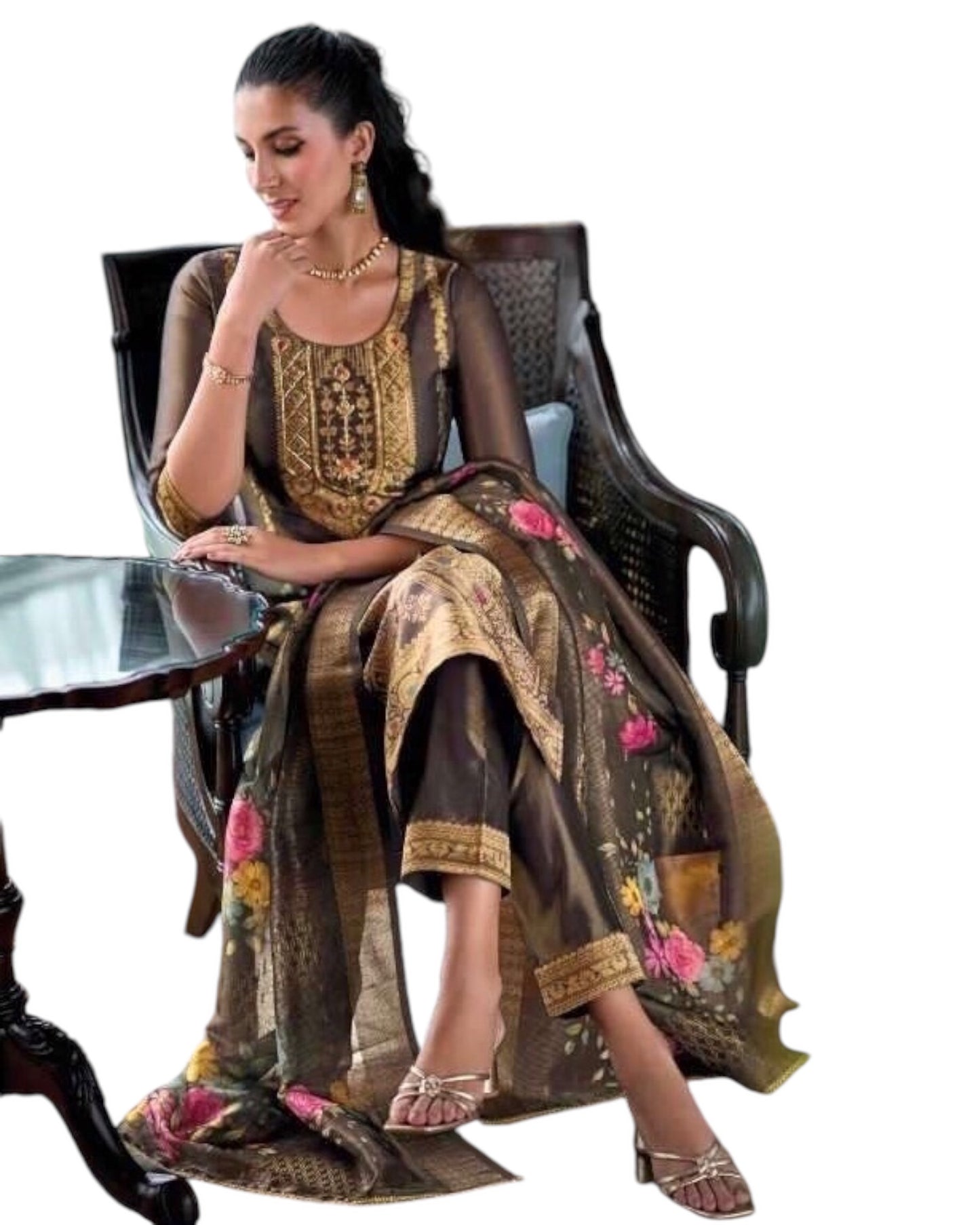 Dark Grey - Banarasi Handloom Ladies Indian Salwar Suit with Printed Dupatta - Available in Size 10 (36") LL-FAR22405 TY 1024